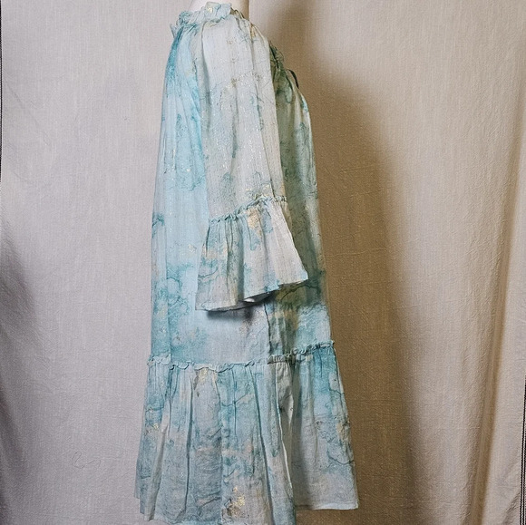 Debbie Katz Nalai Tunic Aqua Metallic Block Print Midi Dress Sz M Cottagecore - Picture 6 of 16